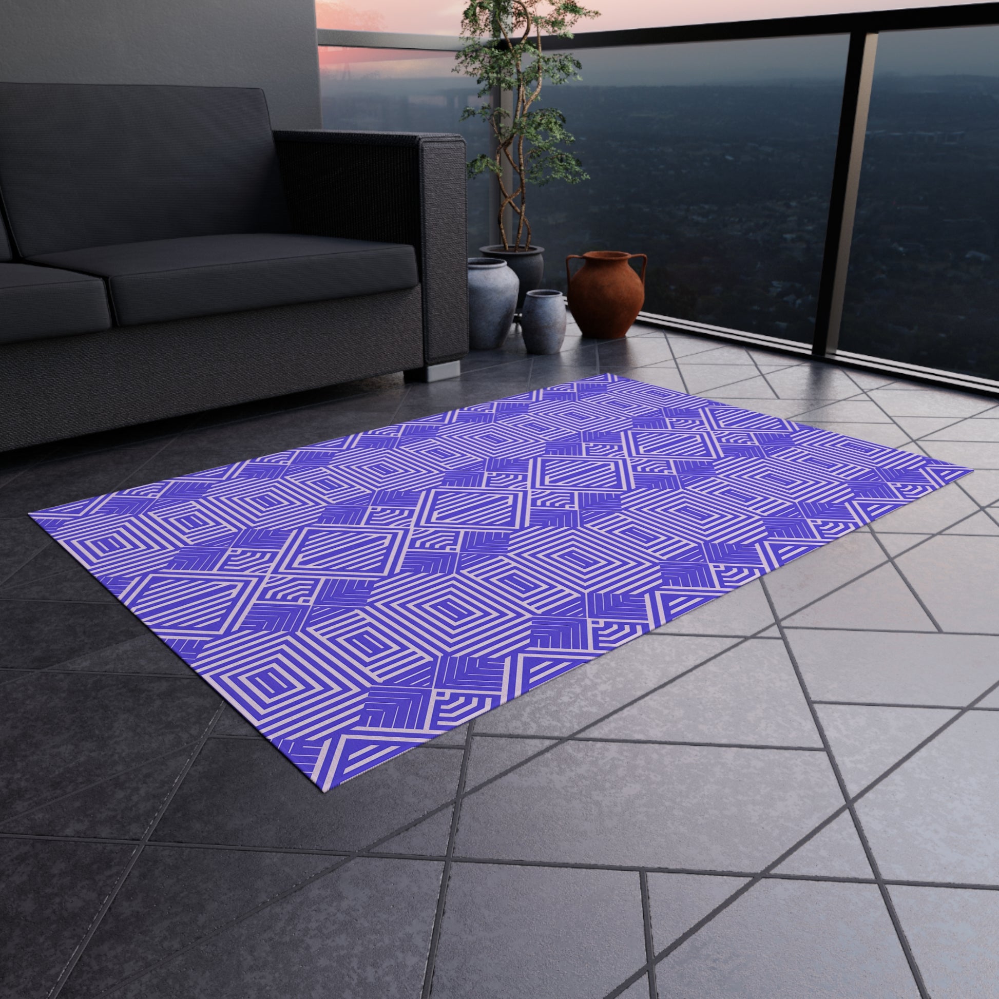 Purple and White Stylish Outdoor/Indoor Rug for Patio Decor, Boho Chic Deck Mat, Versatile Area Rug, Summer Gatherings, Garden Party Decor - LOLA VEGAS ART