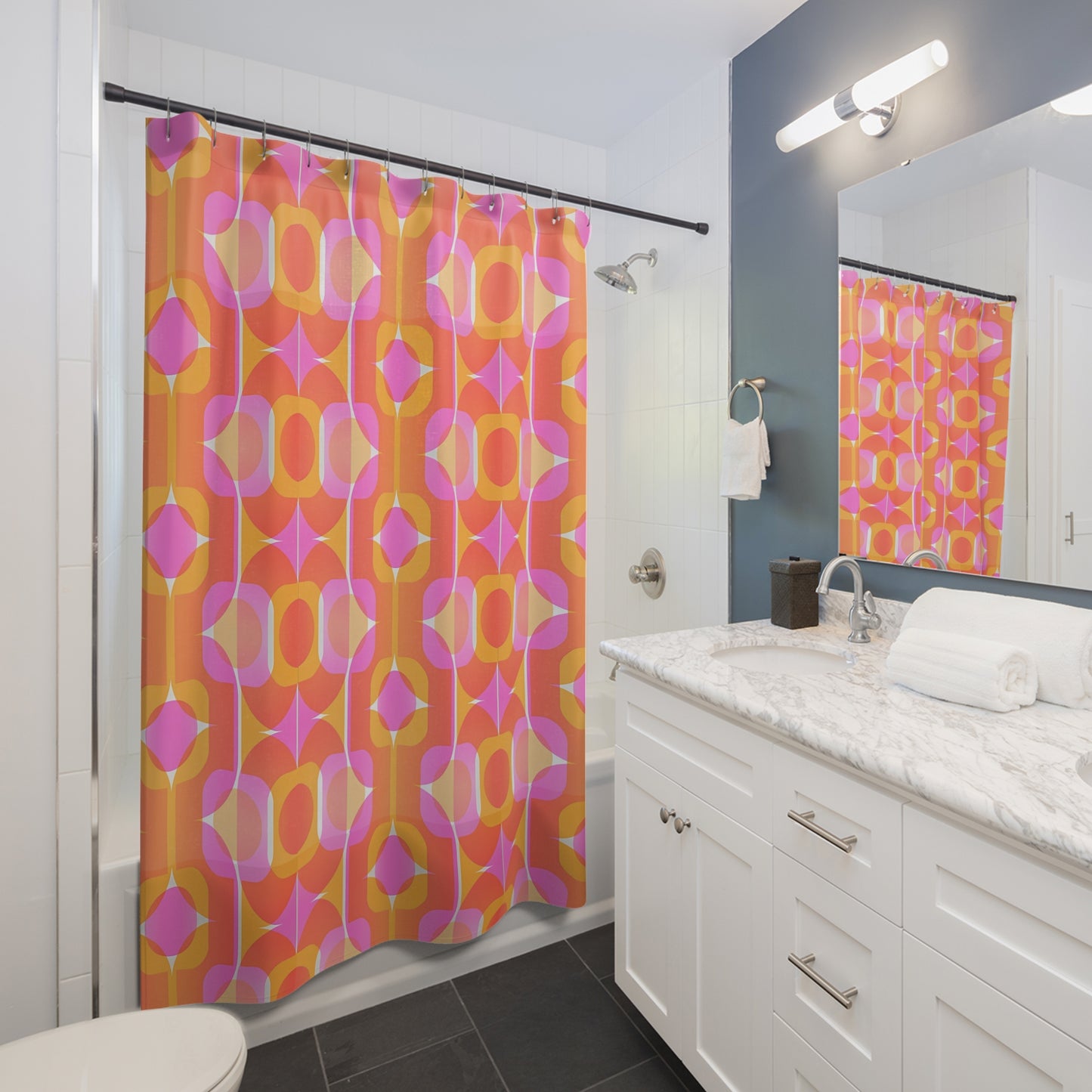 Retro Geometric Pattern Shower Curtain 70s Orange Pink Mid Century