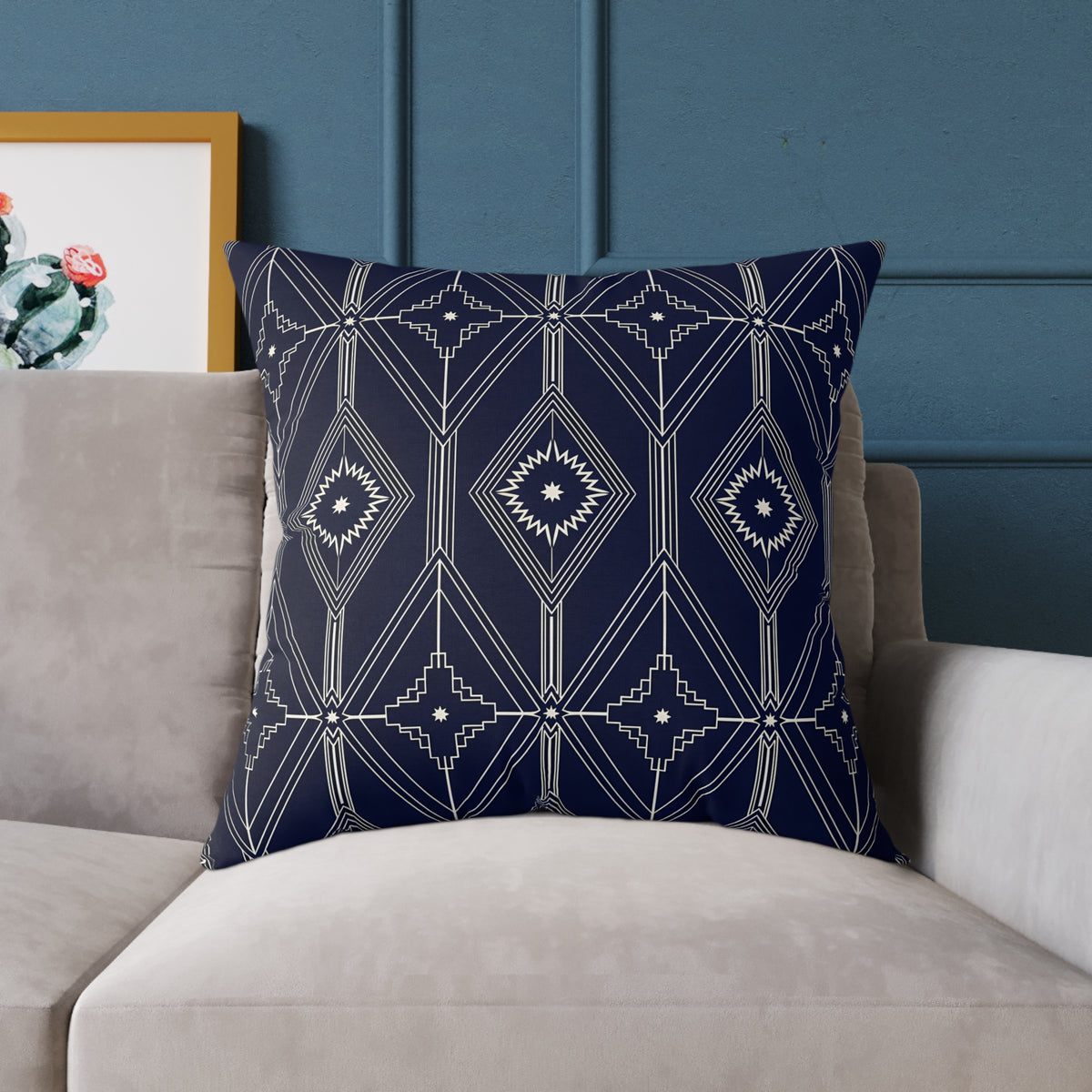 Navy Geometric Diamond Pattern Square Pillow | Boho Tribal Throw Cushion