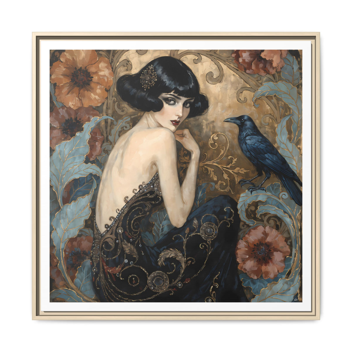 Art Deco Lady with Raven Matte Canvas Framed Wall Art | Vintage Floral Portrait