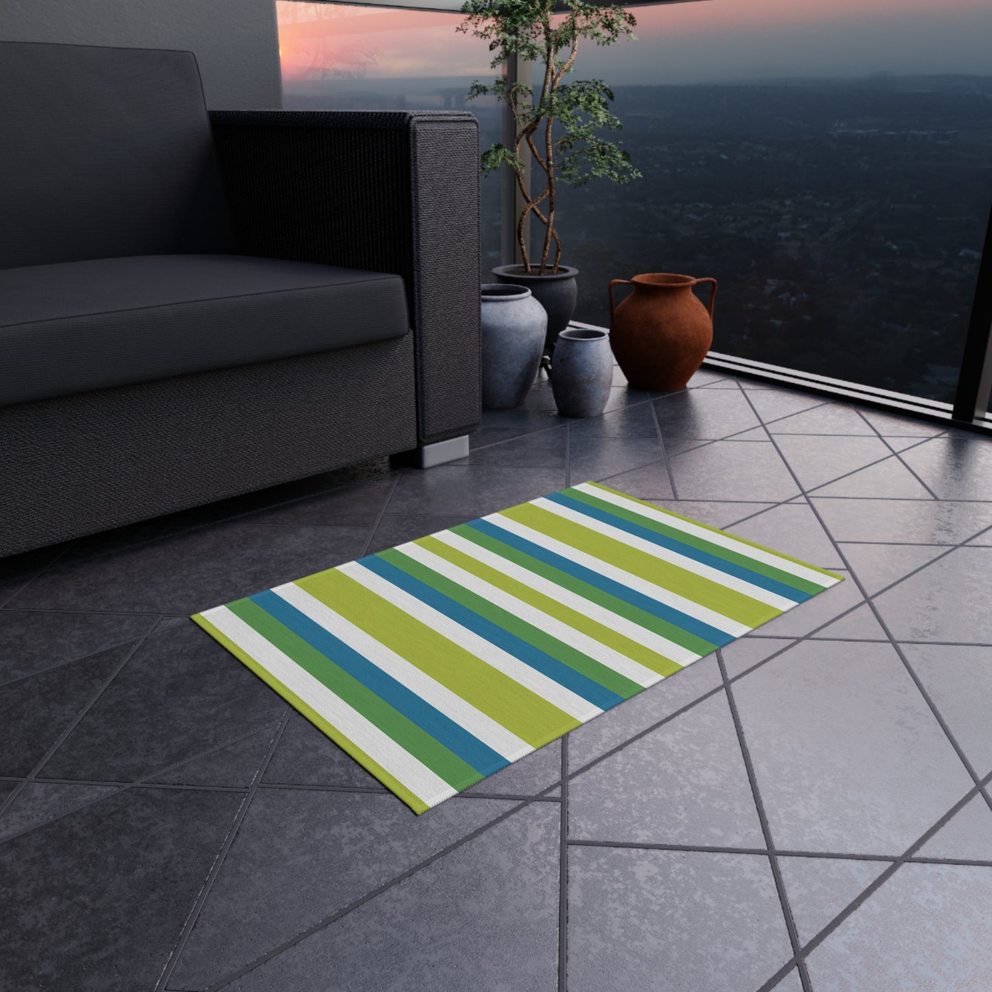 Blue Green Stripe Outdoor/Indoor Rug | Patio Mat, Weatherproof Porch Rug