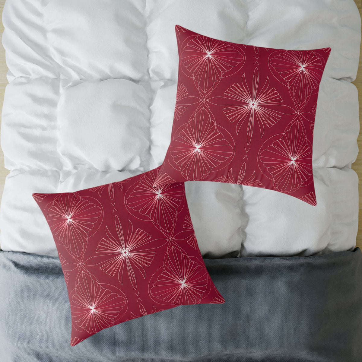Starburst Floral Pattern Square Pillow | Red Geometric Throw Cushion