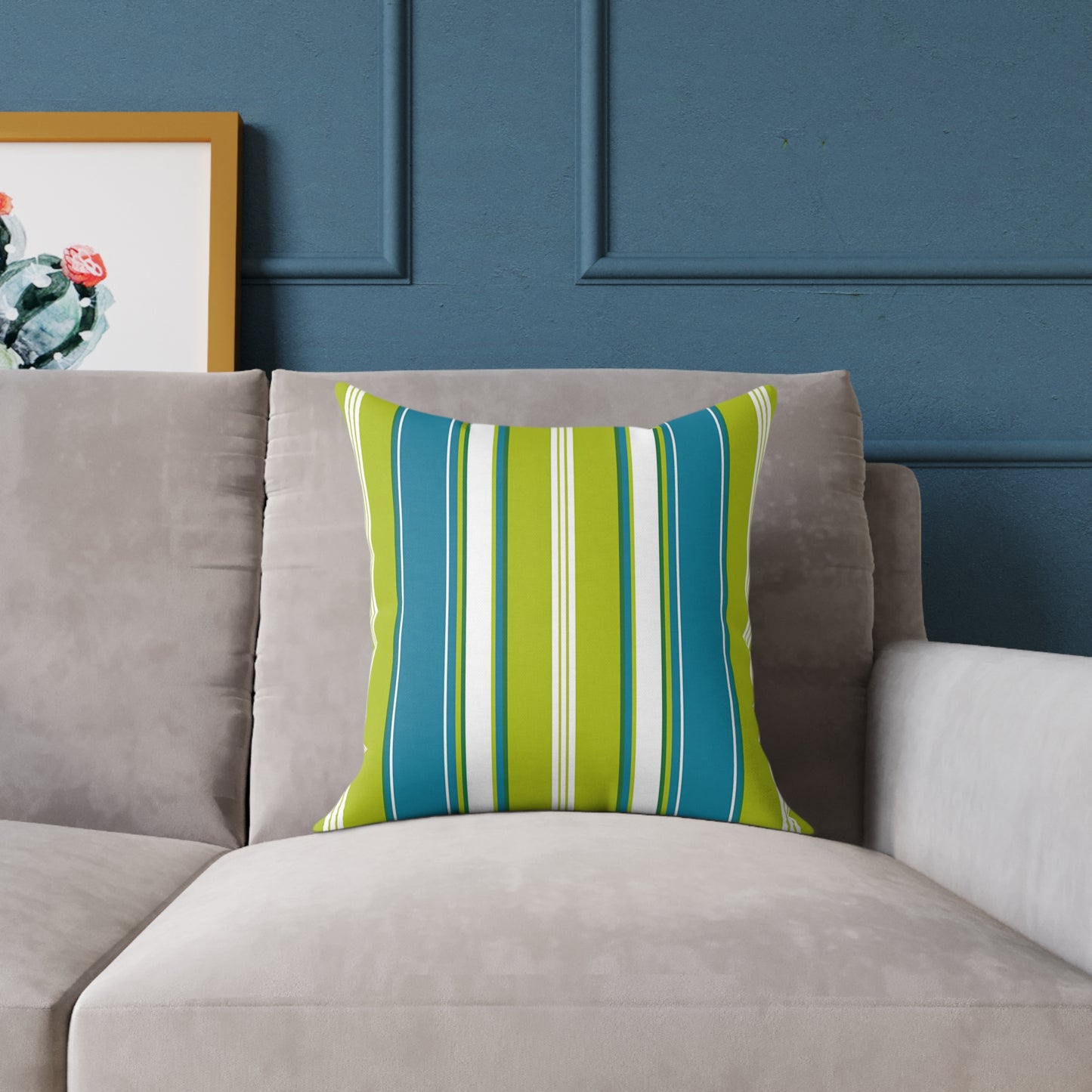 Cerulean Blue Lime Green White Stripe Throw Pillow | Square Poly Canvas Coastal