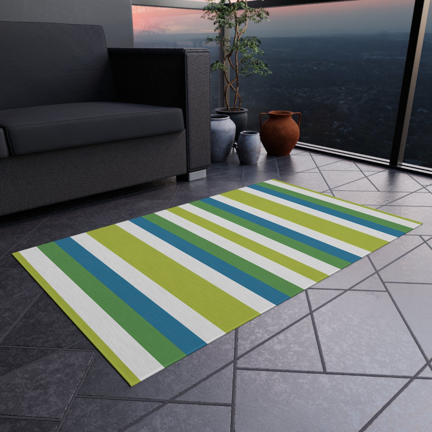 Blue Green Stripe Outdoor/Indoor Rug | Patio Mat, Weatherproof Porch Rug