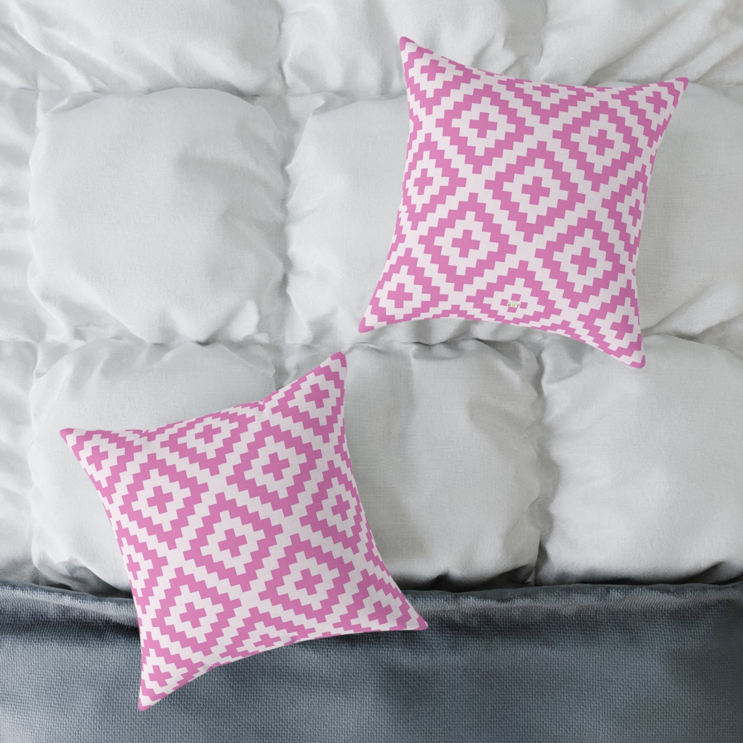 Pink White Geometric Boho Native American Diamond Pattern Pillow | Square Accent Cushion