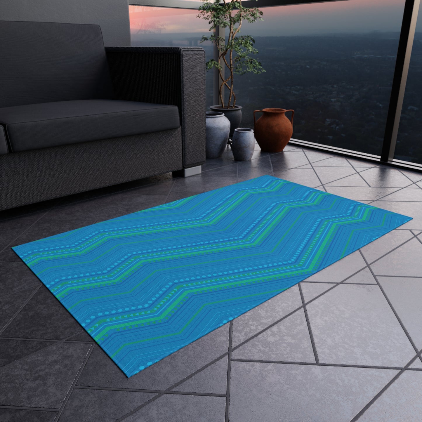 Blue Green Chevron Pattern Outdoor/Indoor Rug | Striped Zigzag Patio Mat