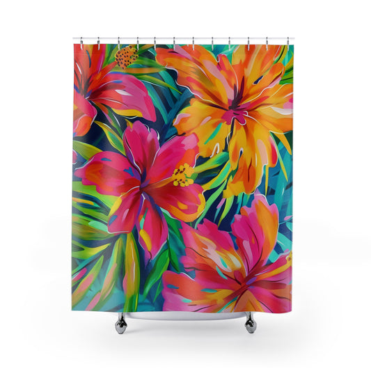 Vibrant Tropical Shower Curtain - Colorful Floral Bathroom Decor, Hibiscus Print, Beach House Essentials, Gift Idea, Summer Vibes - LOLA VEGAS ART