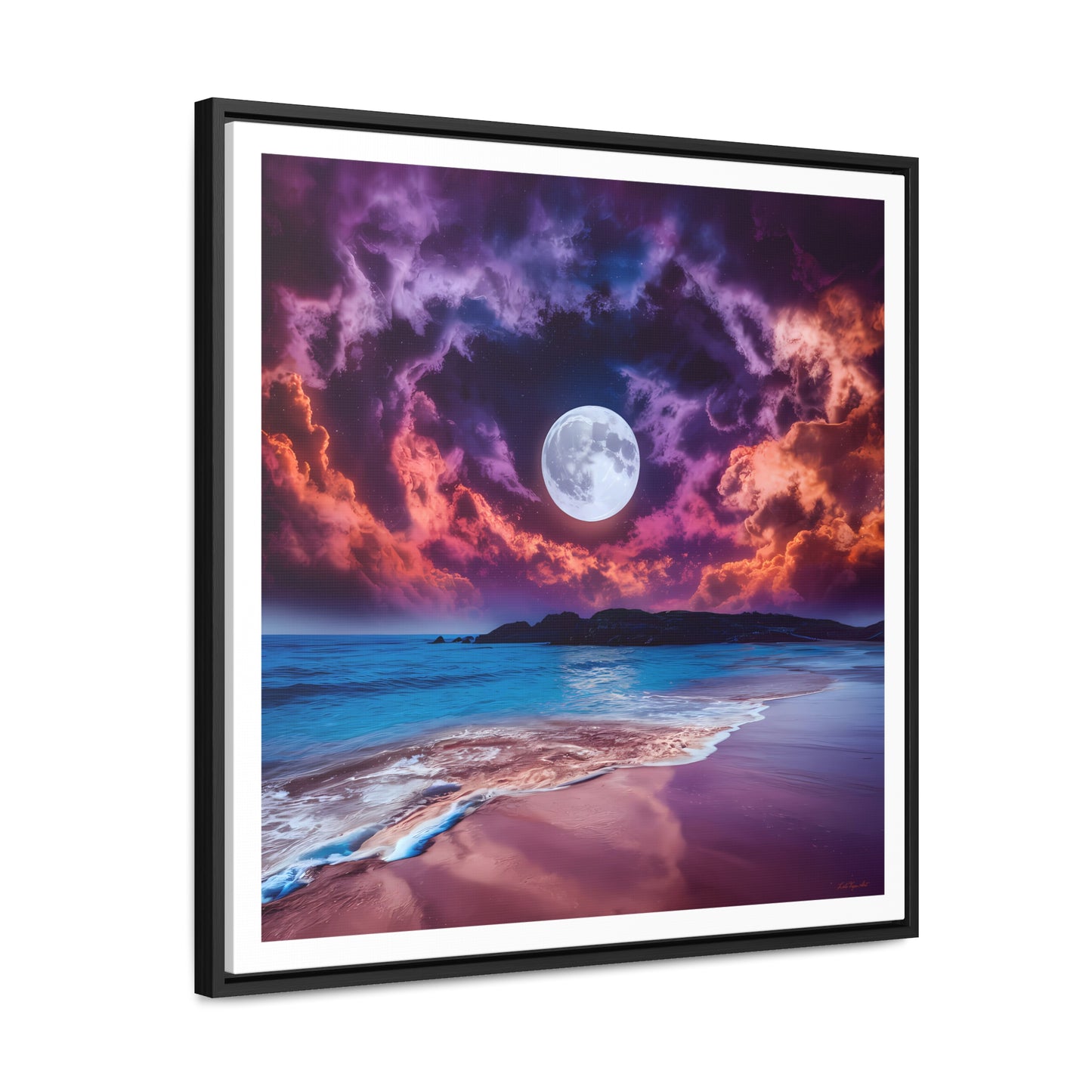 Beach Moon Square Canvas Wall Art, Ocean Night Sky Decor, Gallery Frame Print, Purple Orange Moonlight Photography, Coastal Home Gift