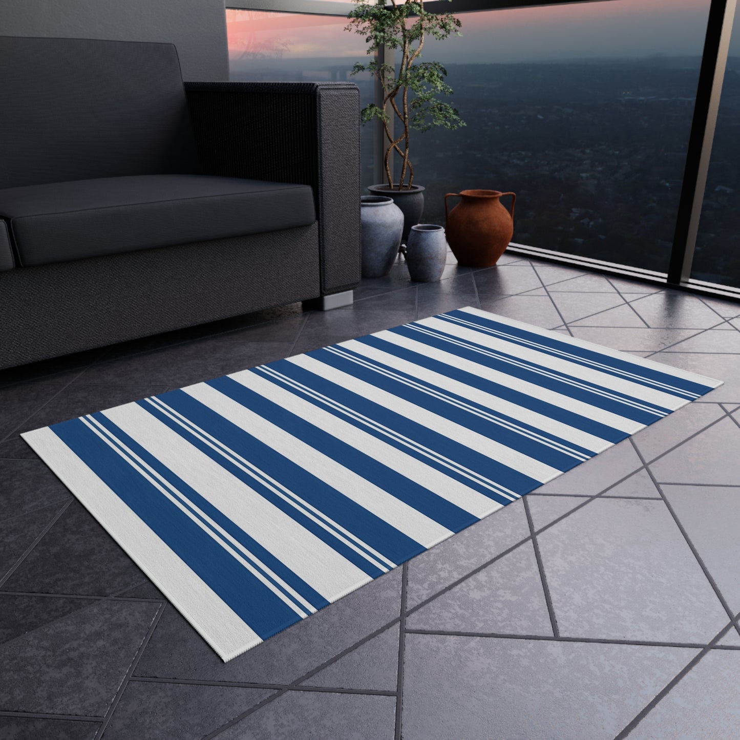 Navy Blue Stripe Outdoor/Indoor Rug | Patio Deck Mat