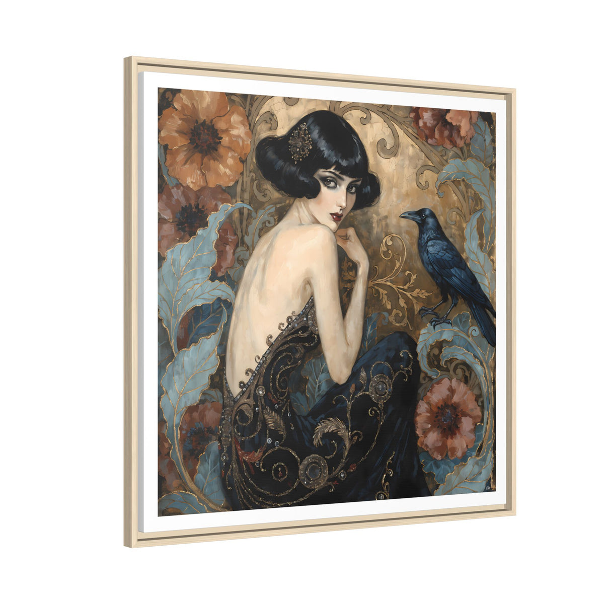 Art Deco Lady with Raven Matte Canvas Framed Wall Art | Vintage Floral Portrait