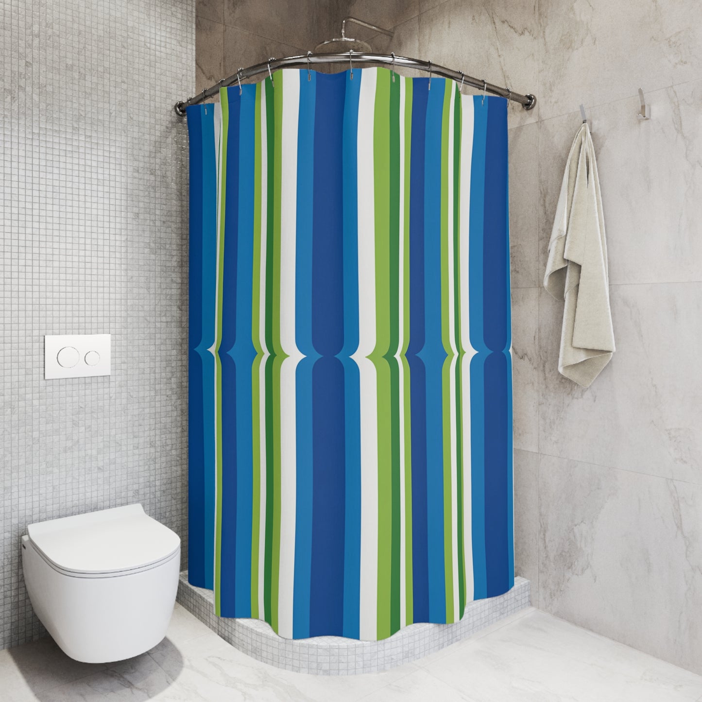 Blue Green Vertical Stripes Shower Curtain | Modern Coastal Bathroom