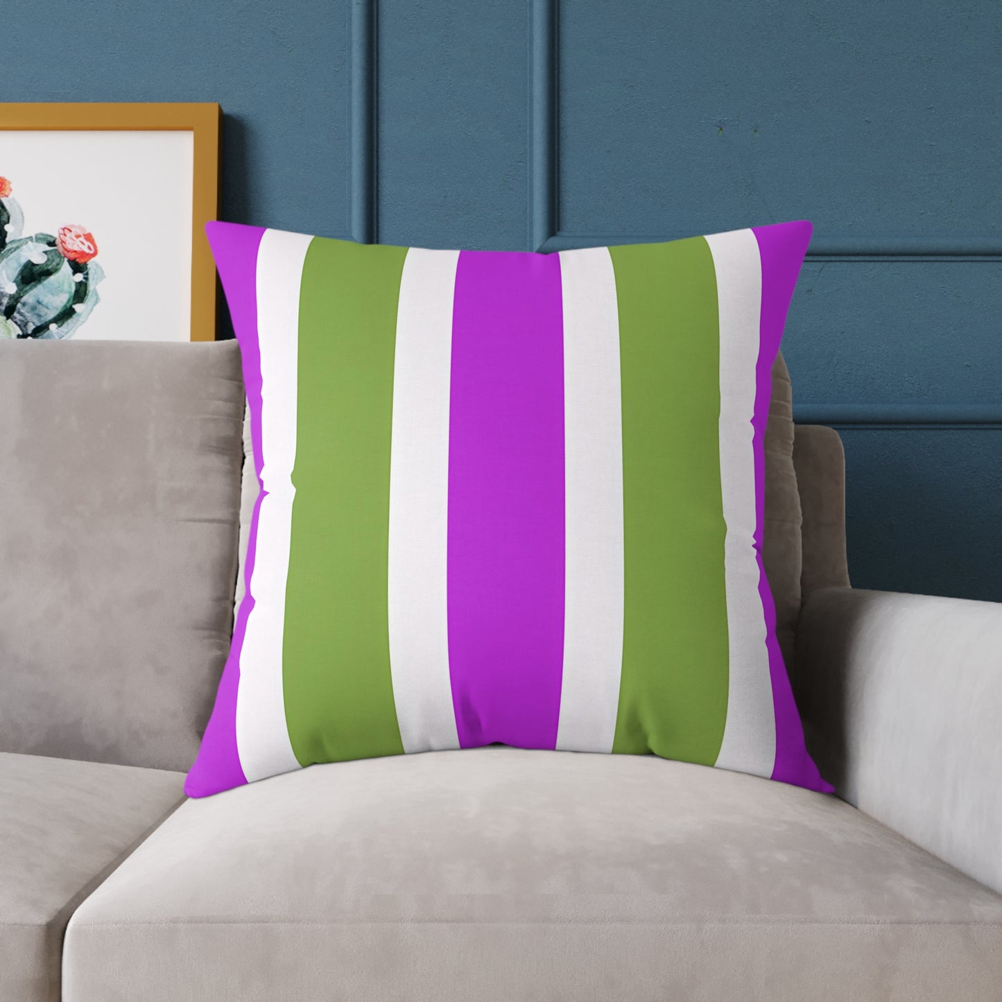 Magenta White and Green Vertical Stripe Pillow | Square Poly Canvas Pillow