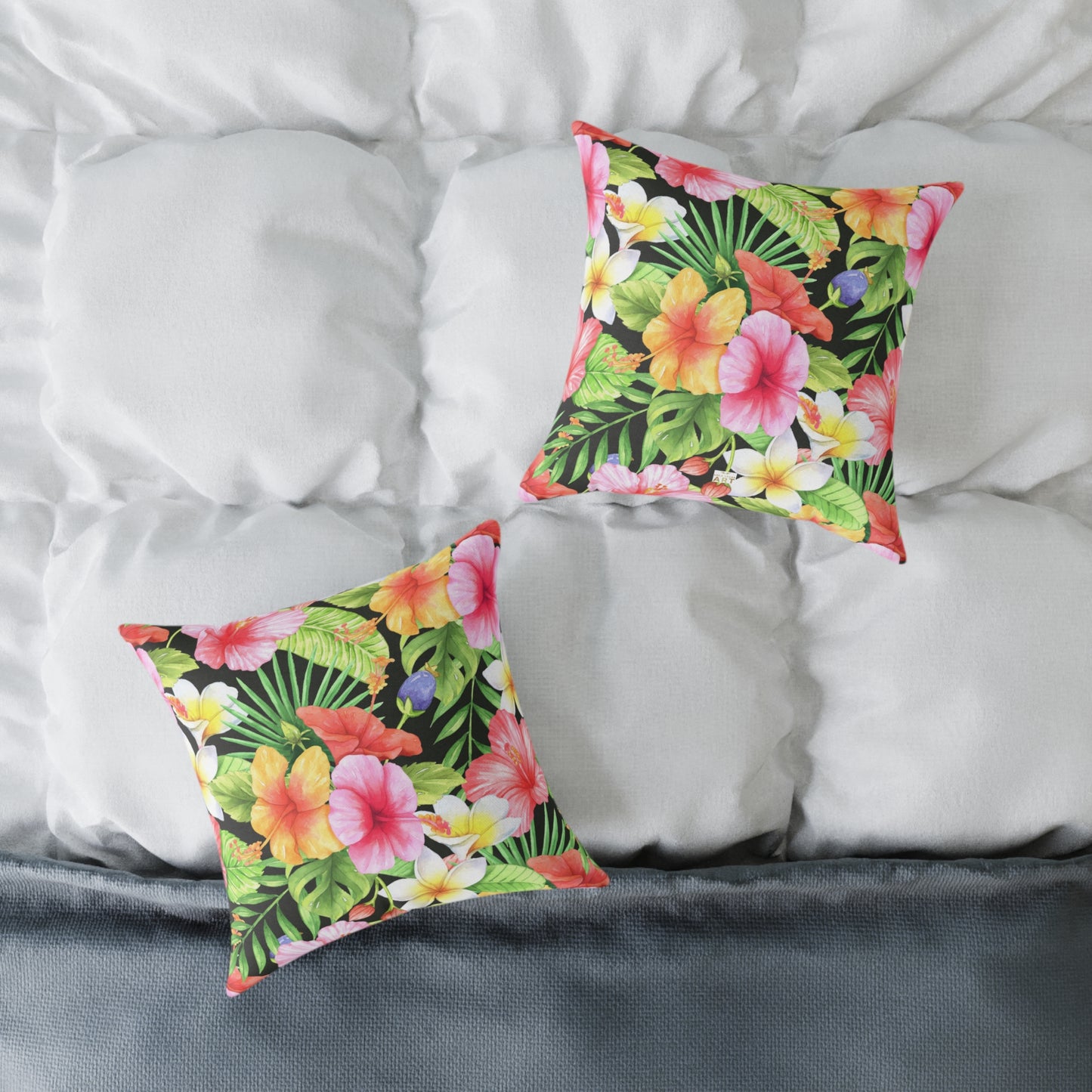 Tropical Pink Yellow Green Hibiscus Floral Square Pillow | Hawaiian Leaves Pattern
