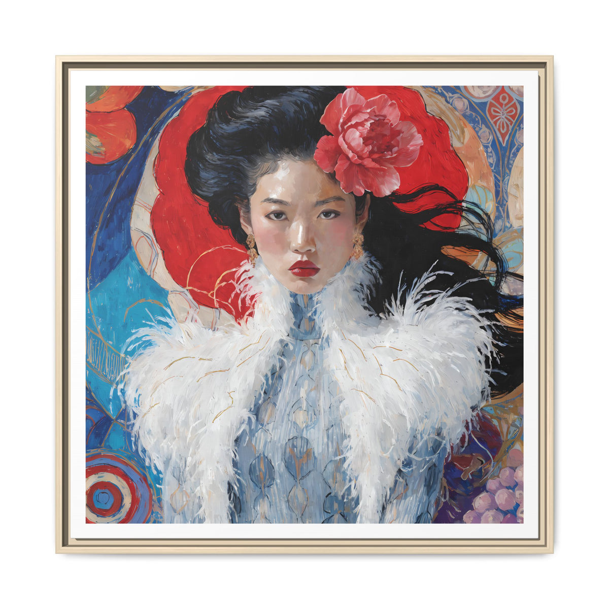 Asian Femme Portrait Matte Canvas Framed | Woman with Feather Collar Wall Art