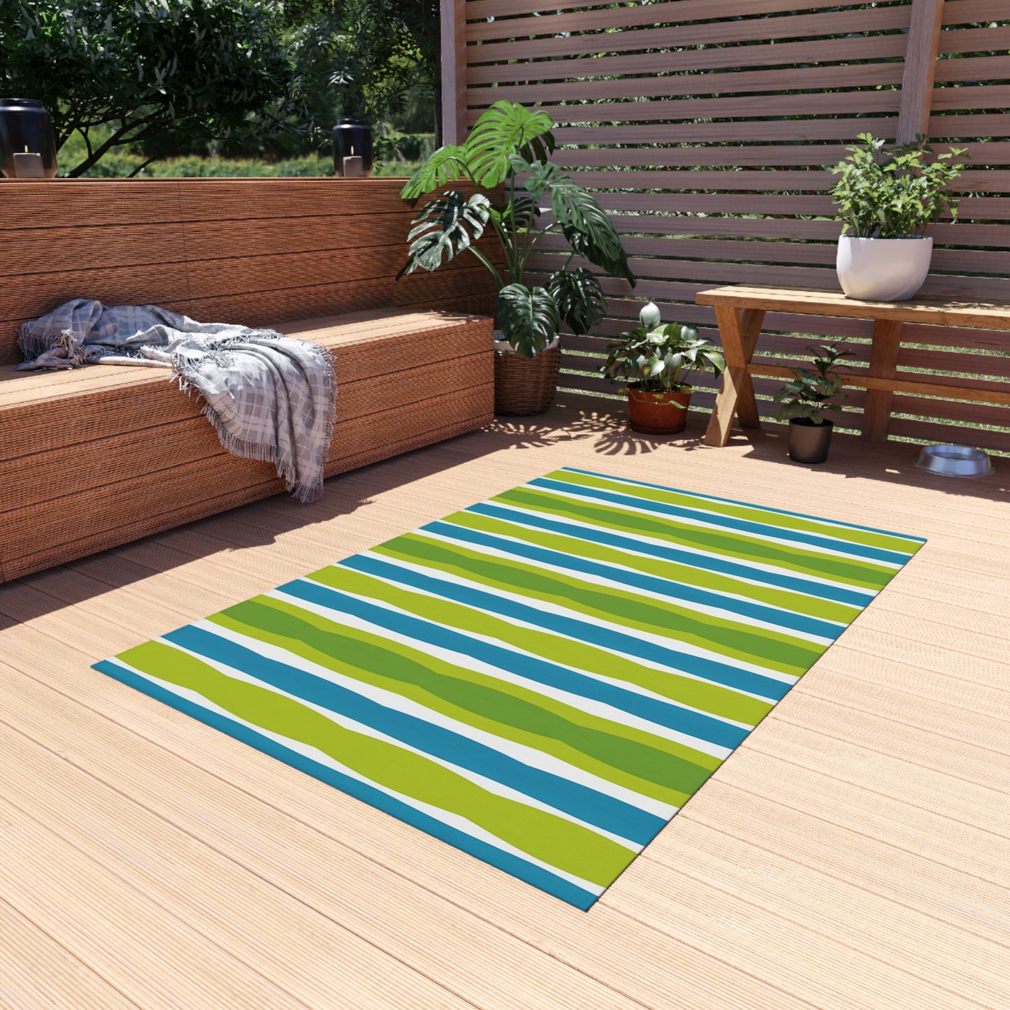Blue Green Wave Stripe Outdoor/Indoor Rug | Patio Mat, Weatherproof Floor Covering