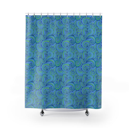 Blue Green Swirl Pattern Shower Curtain | Nautical Wave Bathroom Decor