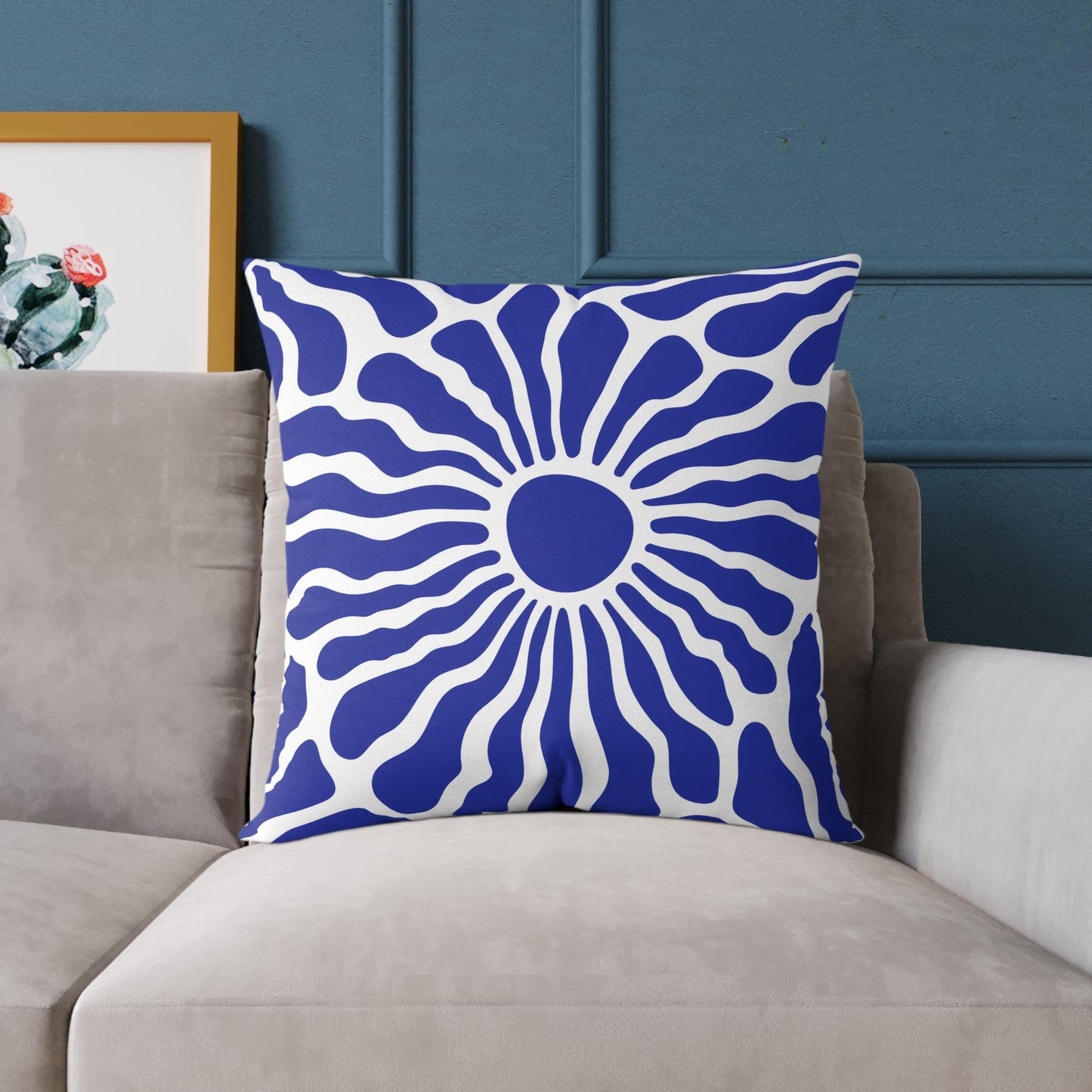 Blue Radiant Sunburst Square Pillow | Boho Coastal Throw Pillow