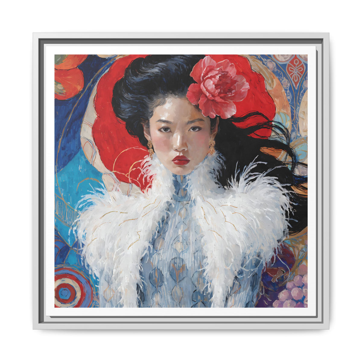 Asian Femme Portrait Matte Canvas Framed | Woman with Feather Collar Wall Art