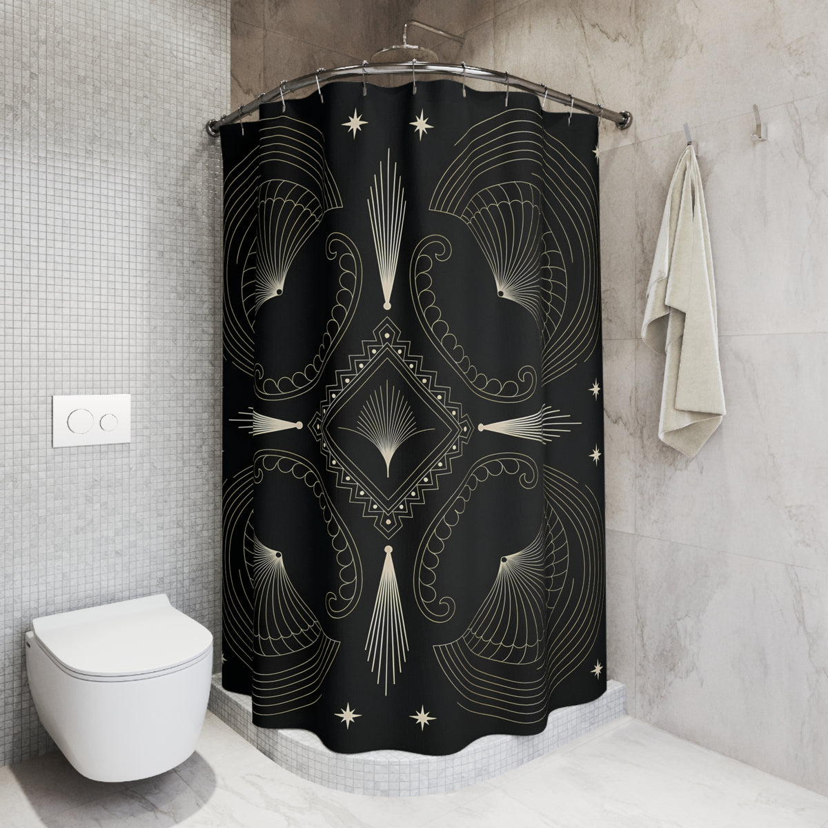 Art Deco Starburst Shower Curtain | Black White Geometric Bathroom
