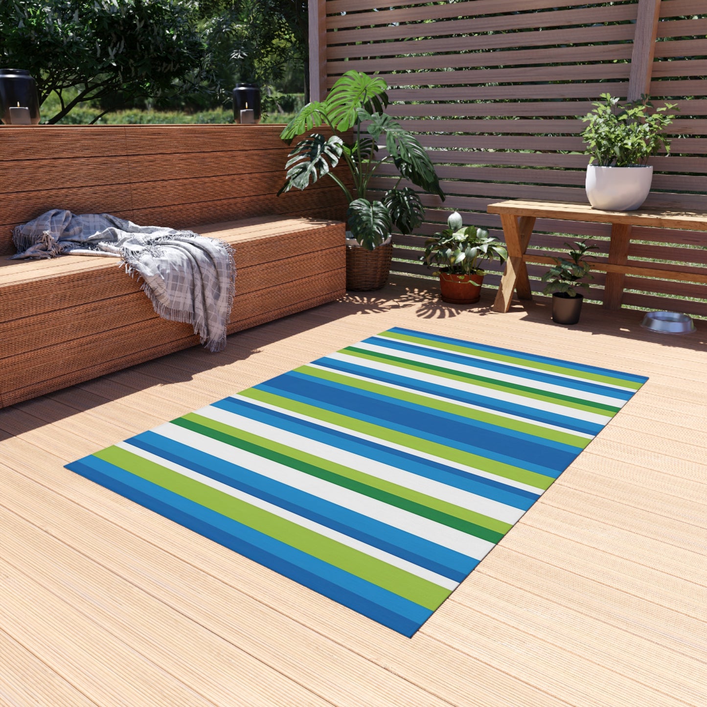 Blue Green Striped Outdoor/Indoor Rug | Patio Mat