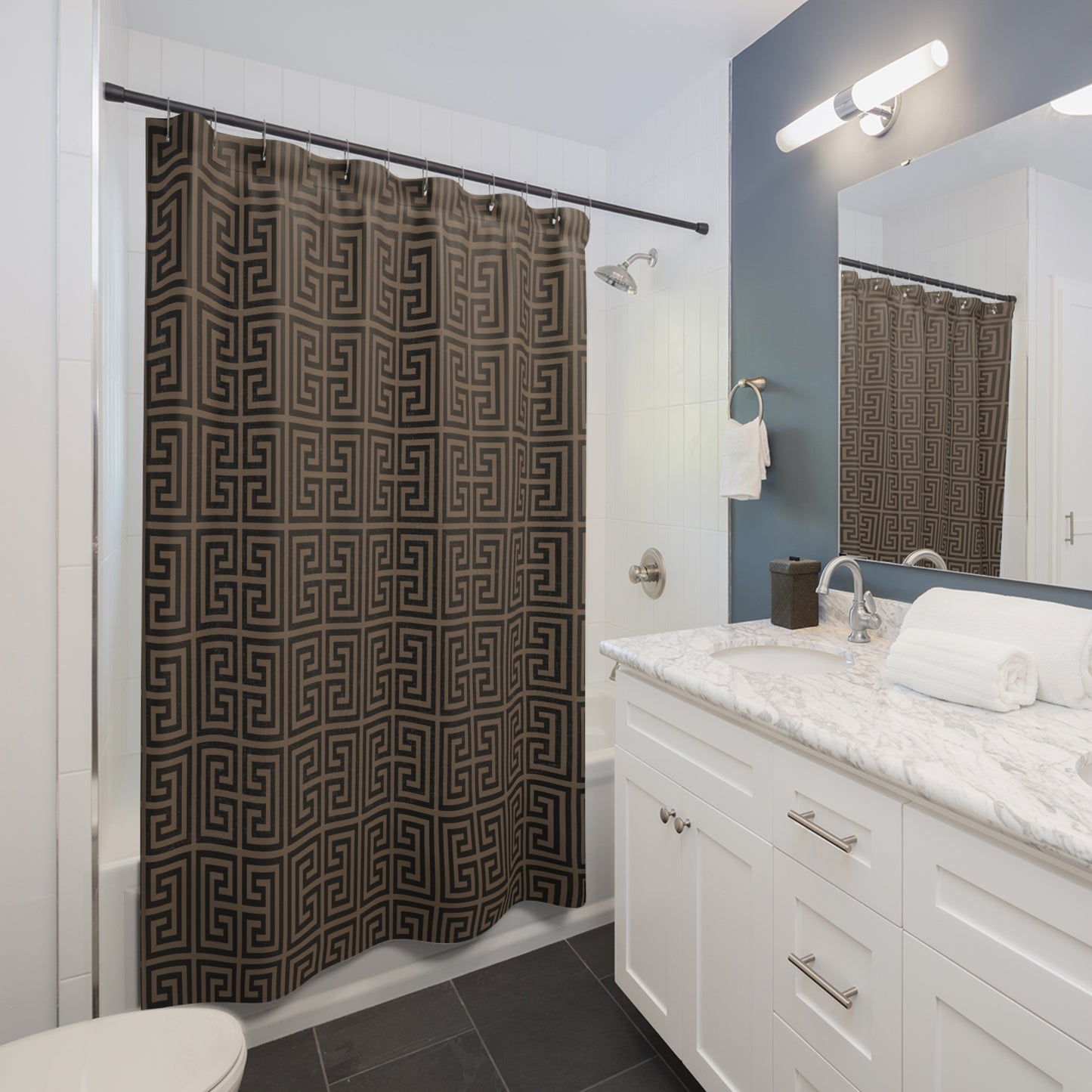 Geometric Greek Key Shower Curtain | Brown Black Maze Pattern, Classy Bathroom Accesory