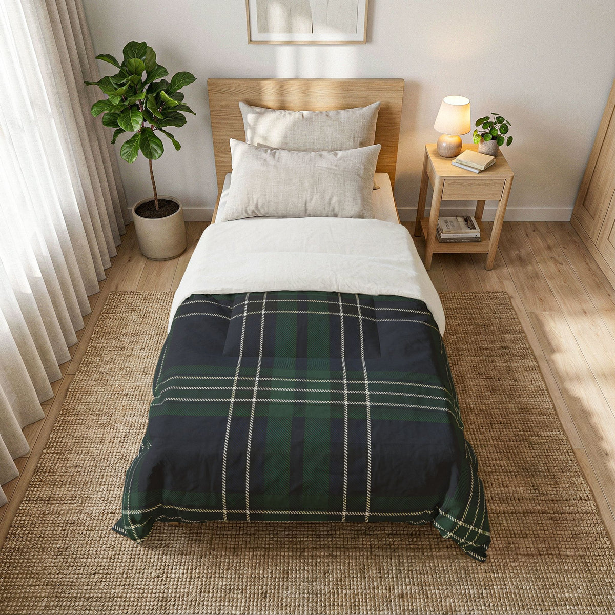 Green Navy Tartan Plaid Cotton Comforter | Classic Plaid Bedding