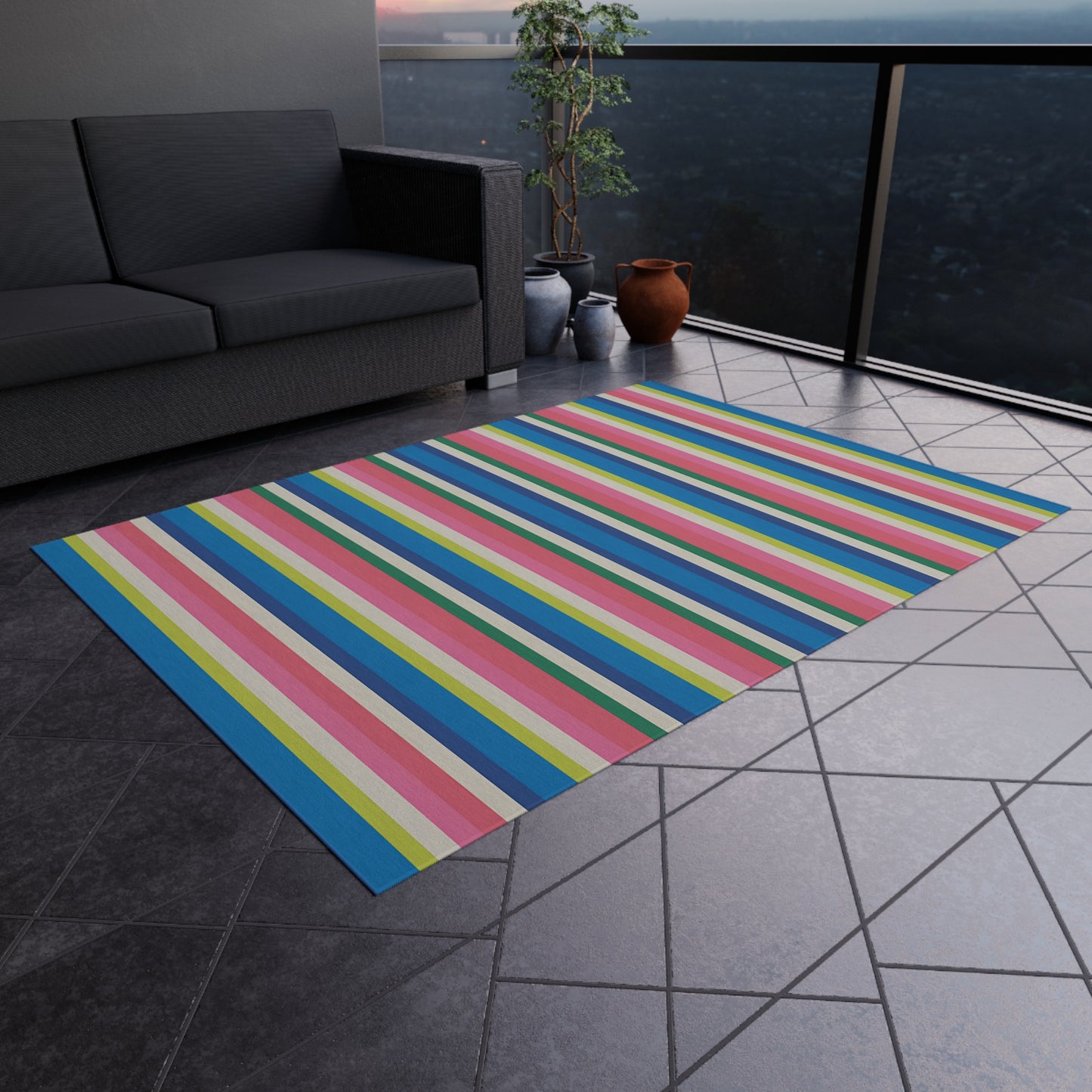 Colorful Stripe Pattern Outdoor/Indoor Rug | Waterproof Patio Mat