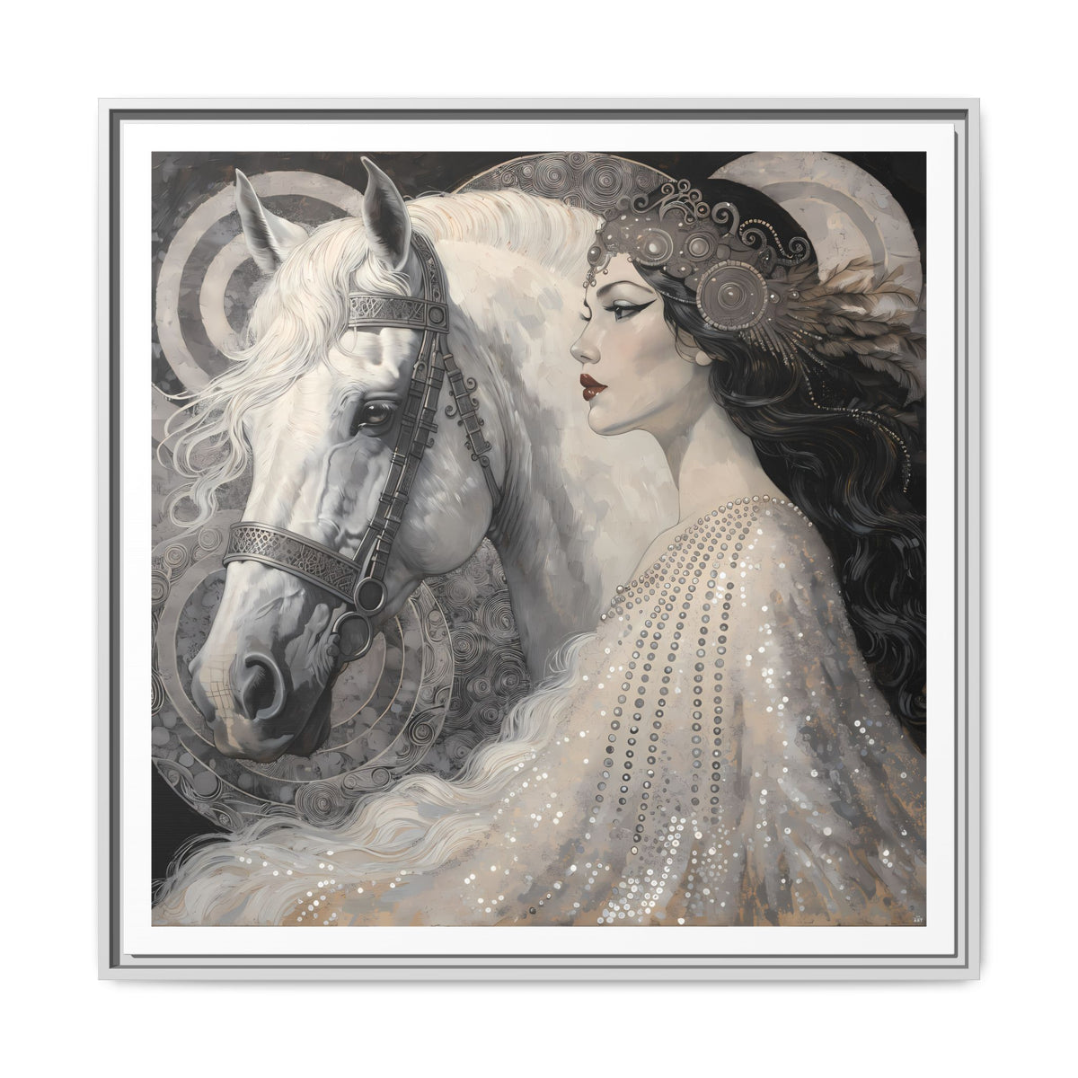 Ethereal Woman with White Horse Matte Canvas Framed Wall Art