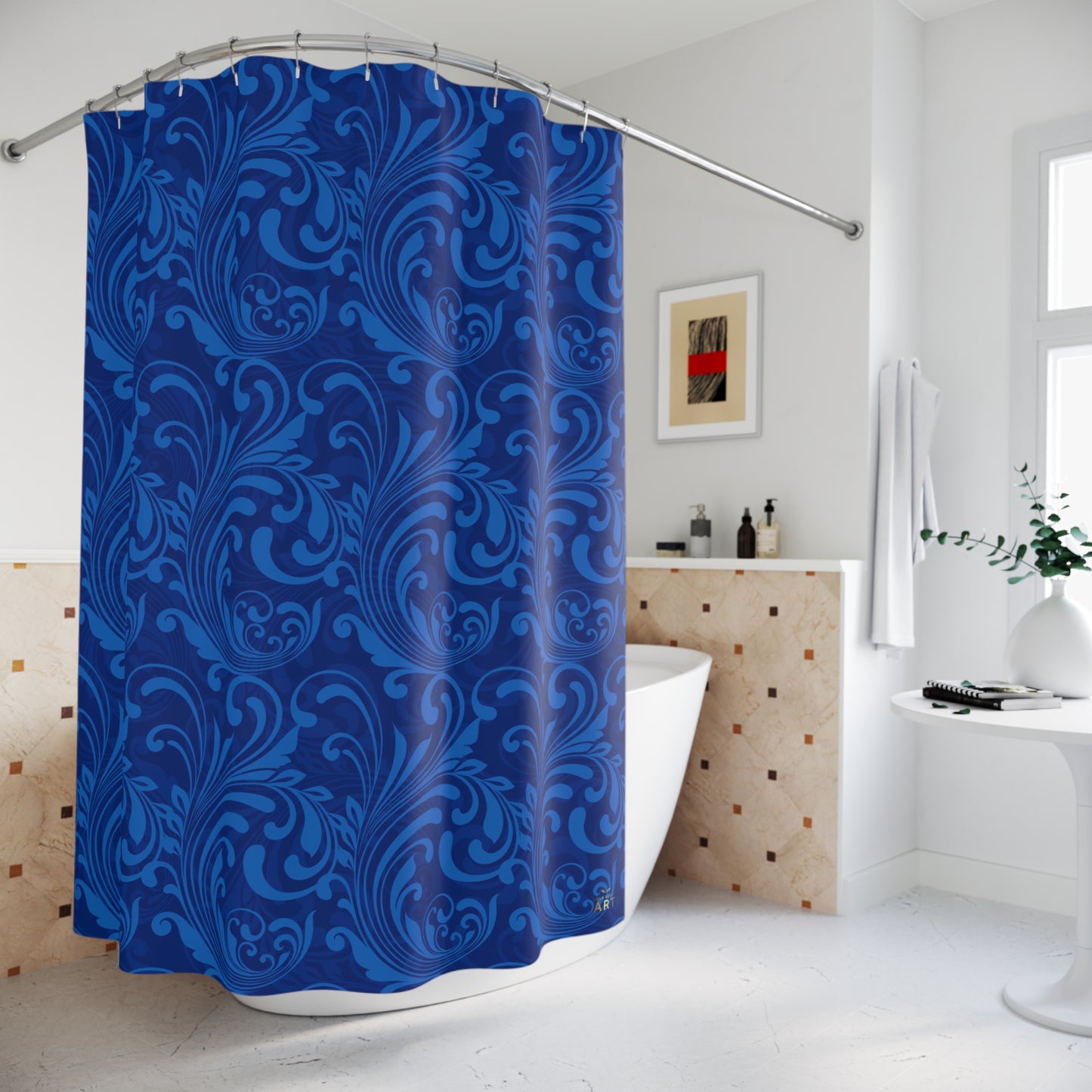 Blue Swirl Damask Shower Curtain | Floral Scroll Pattern, Baroque Bathroom Decor