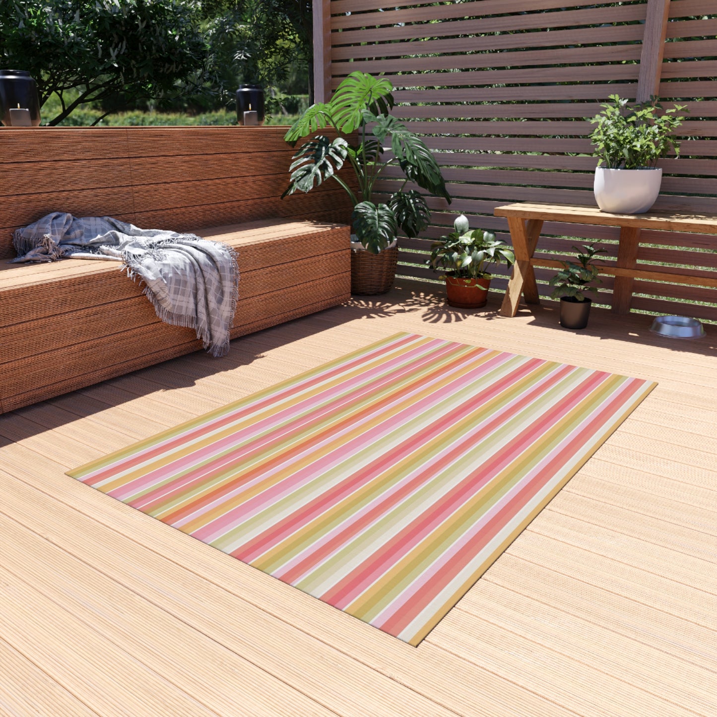 Striped Pastel Outdoor Rug | Pink Yellow Green Patio Mat