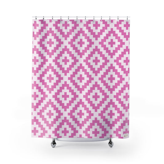 Pink White Geometric Diamond Pattern Shower Curtain | Pixel Boho Aztec Bath Decor
