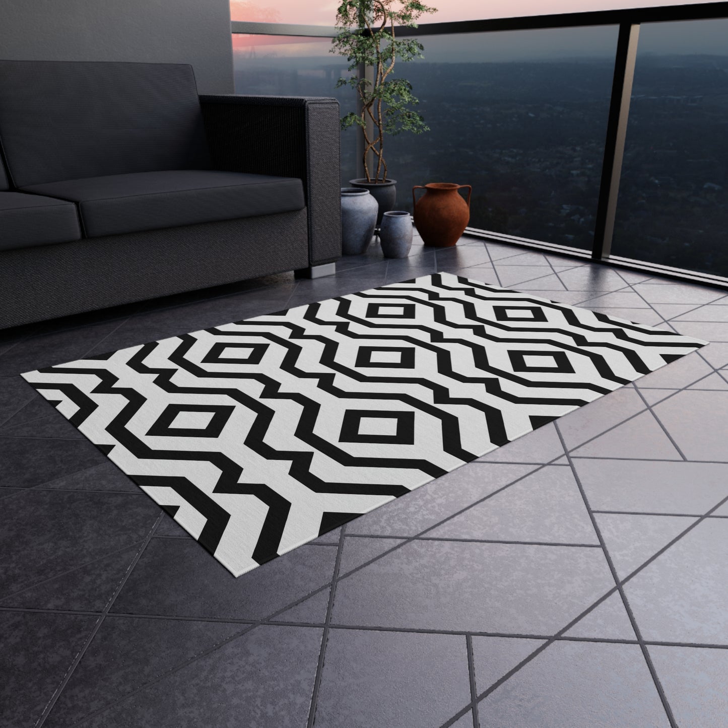 Black White Geometric Diamond Pattern Outdoor/Indoor Rug | Modern Patio Rug