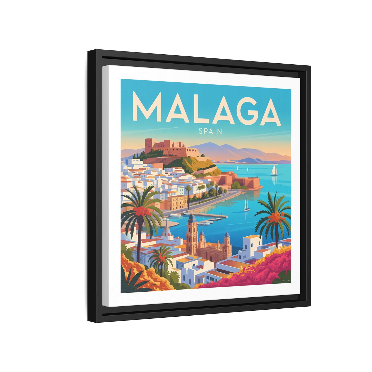Malaga Spain Coastal  Matte Canvas Framed Wall Art| Vintage Style Travel Art