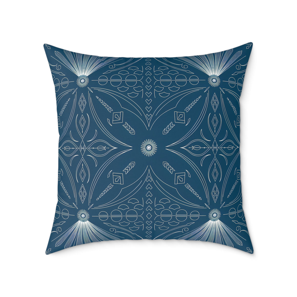 Cerulean White Geometric Mandala Square Poly Canvas Pillow | Boho Tile Pattern