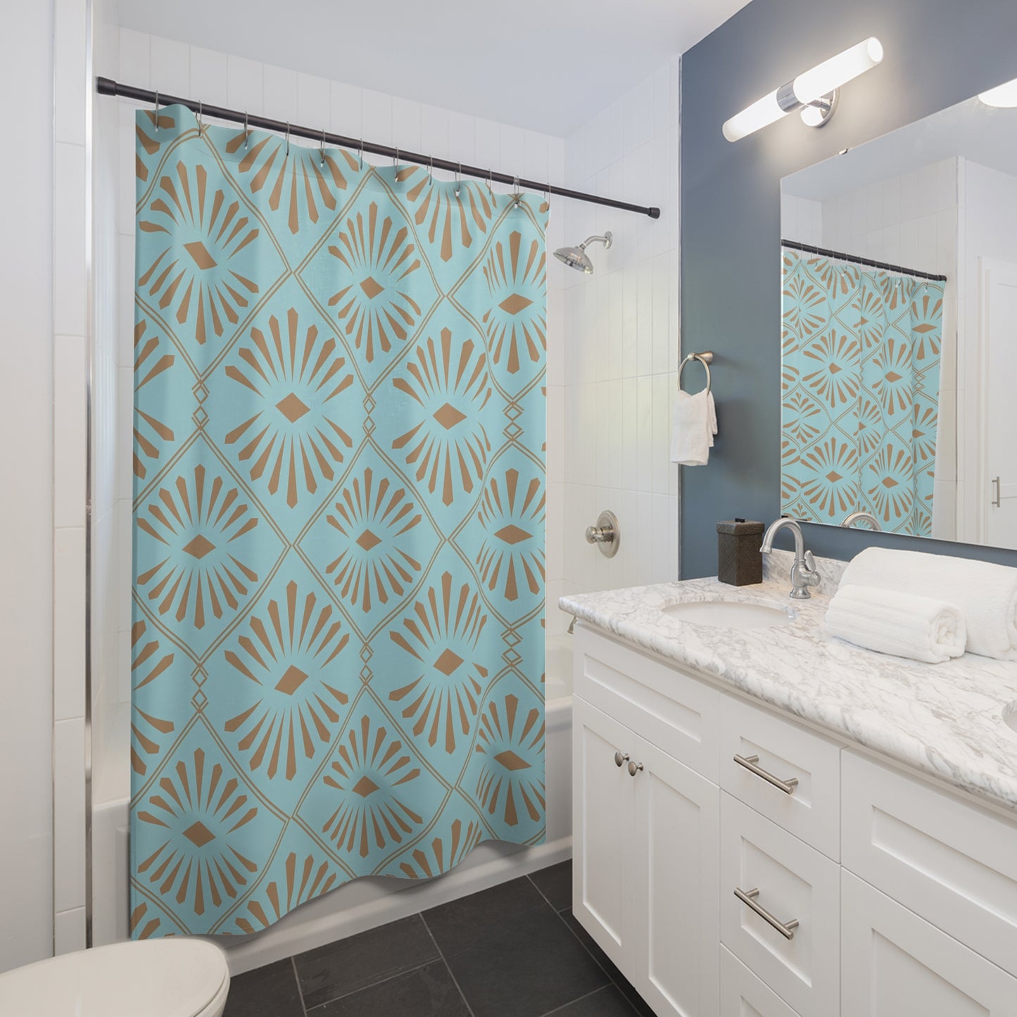 Turquoise Geometric Sunburst Shower Curtain | Retro Tile Pattern