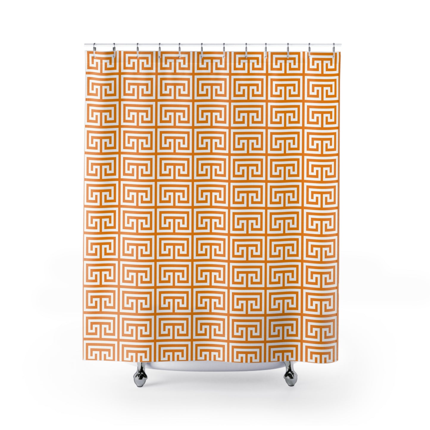 Greek Key Geometric Pattern Shower Curtain | Orange White Maze Tile