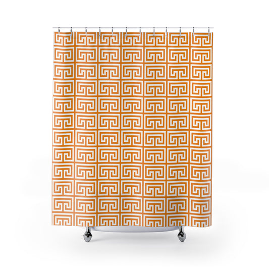 Greek Key Geometric Pattern Shower Curtain | Orange White Maze Tile