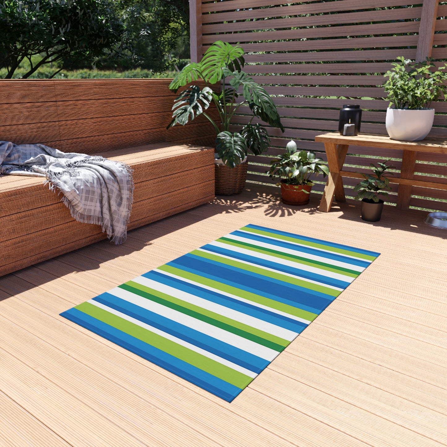 Blue Green Striped Outdoor/Indoor Rug | Patio Mat