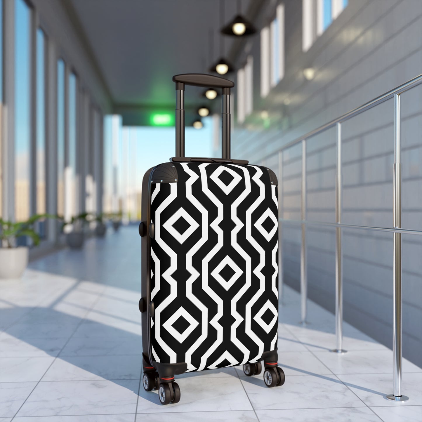 Black White Geometric Pattern Suitcase | Modern Diamond Luggage