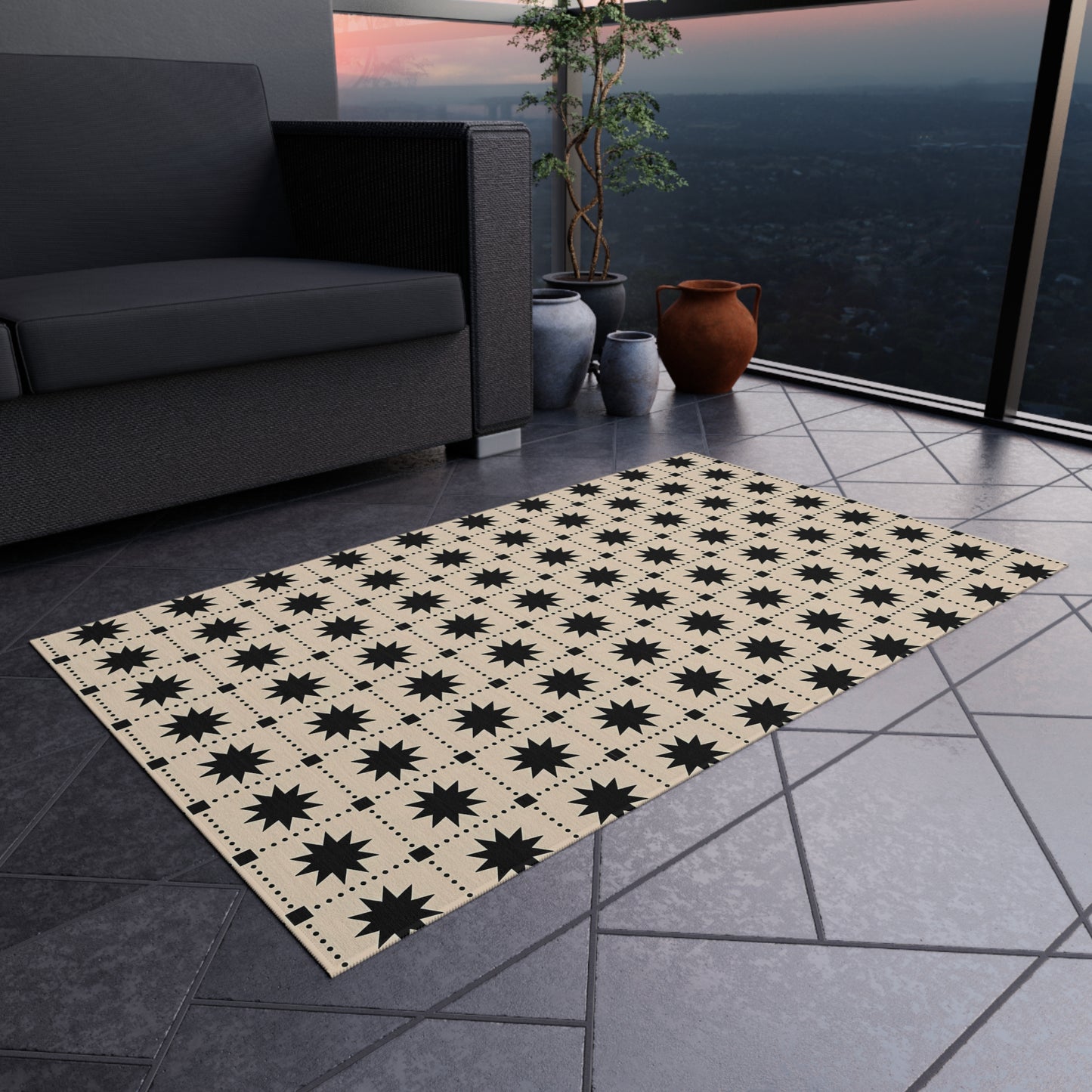 Black Star Tile Outdoor/Indoor Rug | Geometric Patio Mat, Weatherproof Accent Rug
