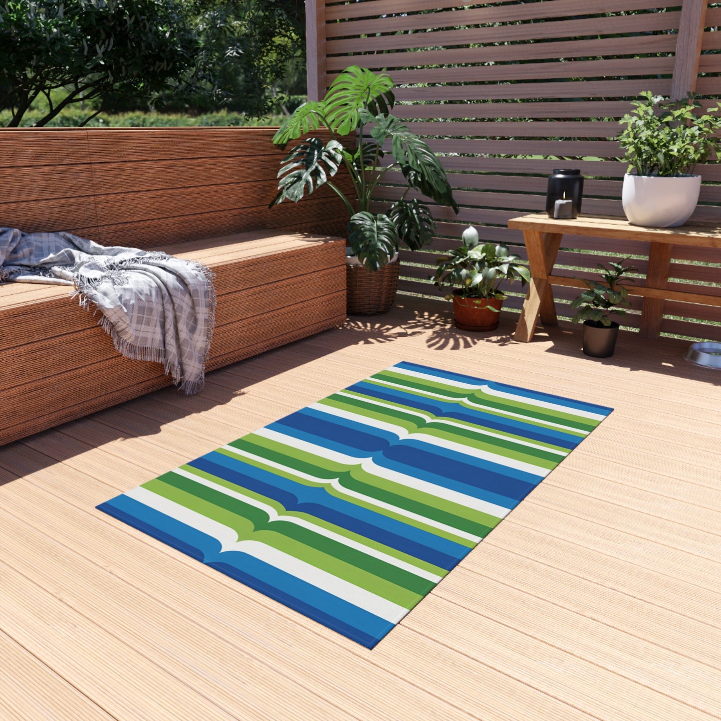 Blue Green Striped Pattern Outdoor/Indoor Rug | Patio Deck Mat