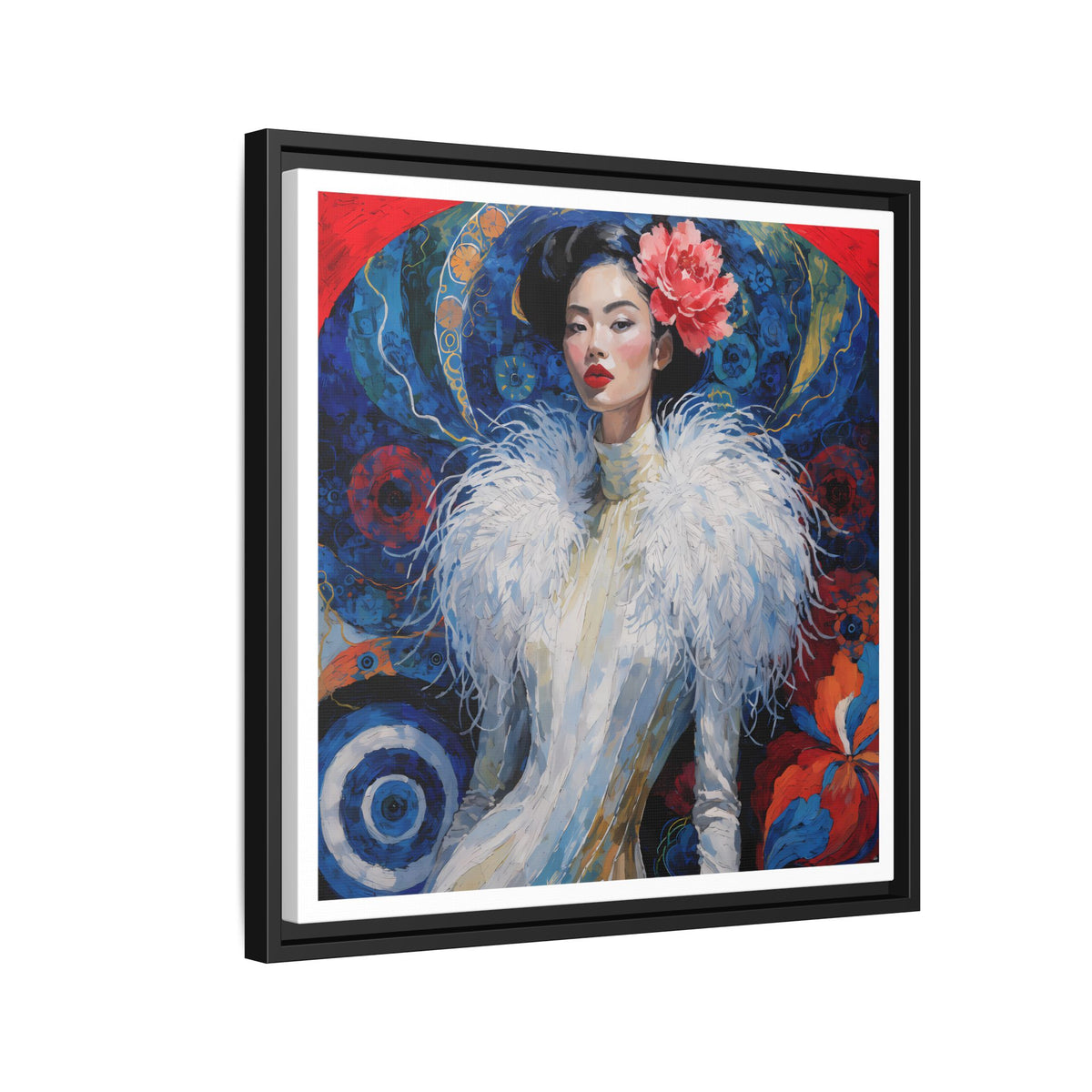 Floral Portrait  Asian Woman Matte Canvas Framed | Colorful Modern Wall Art