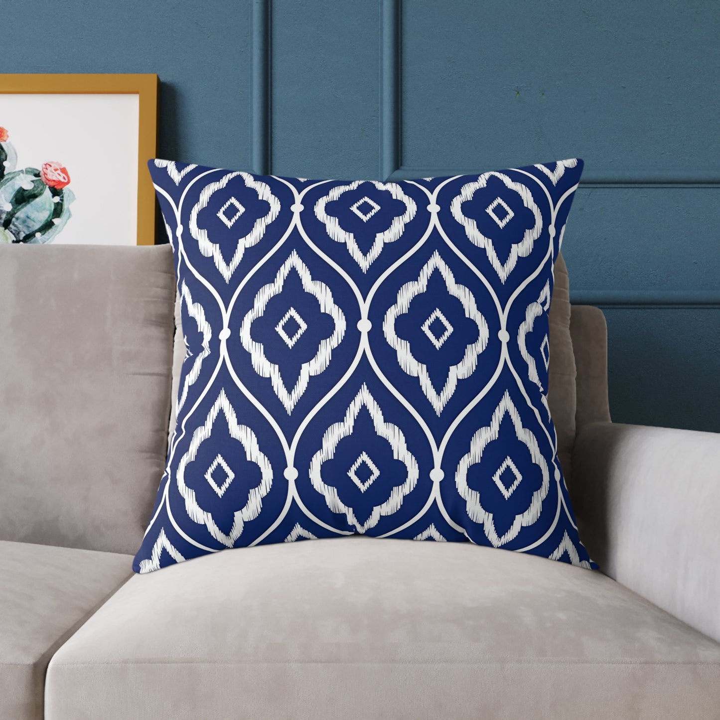 Navy and White Ikat Geometric Pattern Square Pillow | Coastal Home Decor
