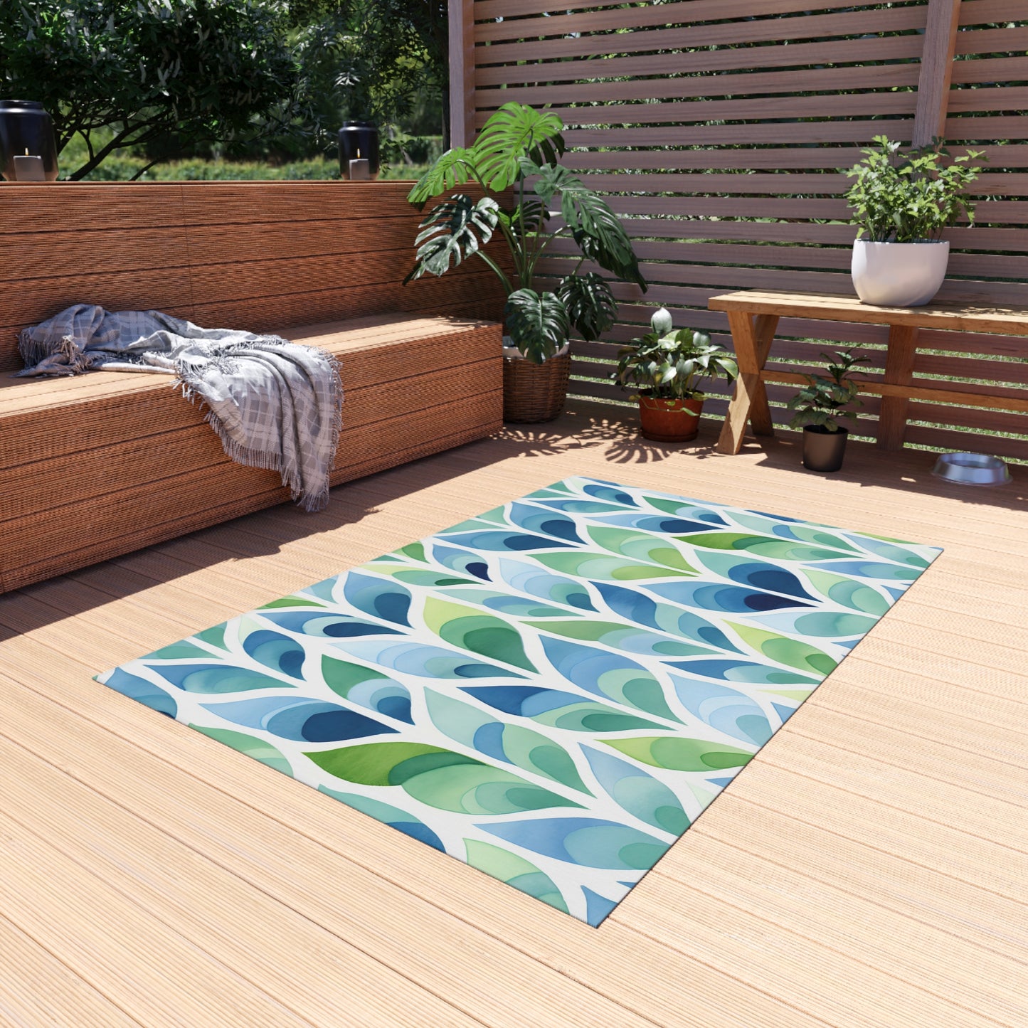 Blue Green Leaf Pattern Outdoor/Indoor Rug | Patio Mat