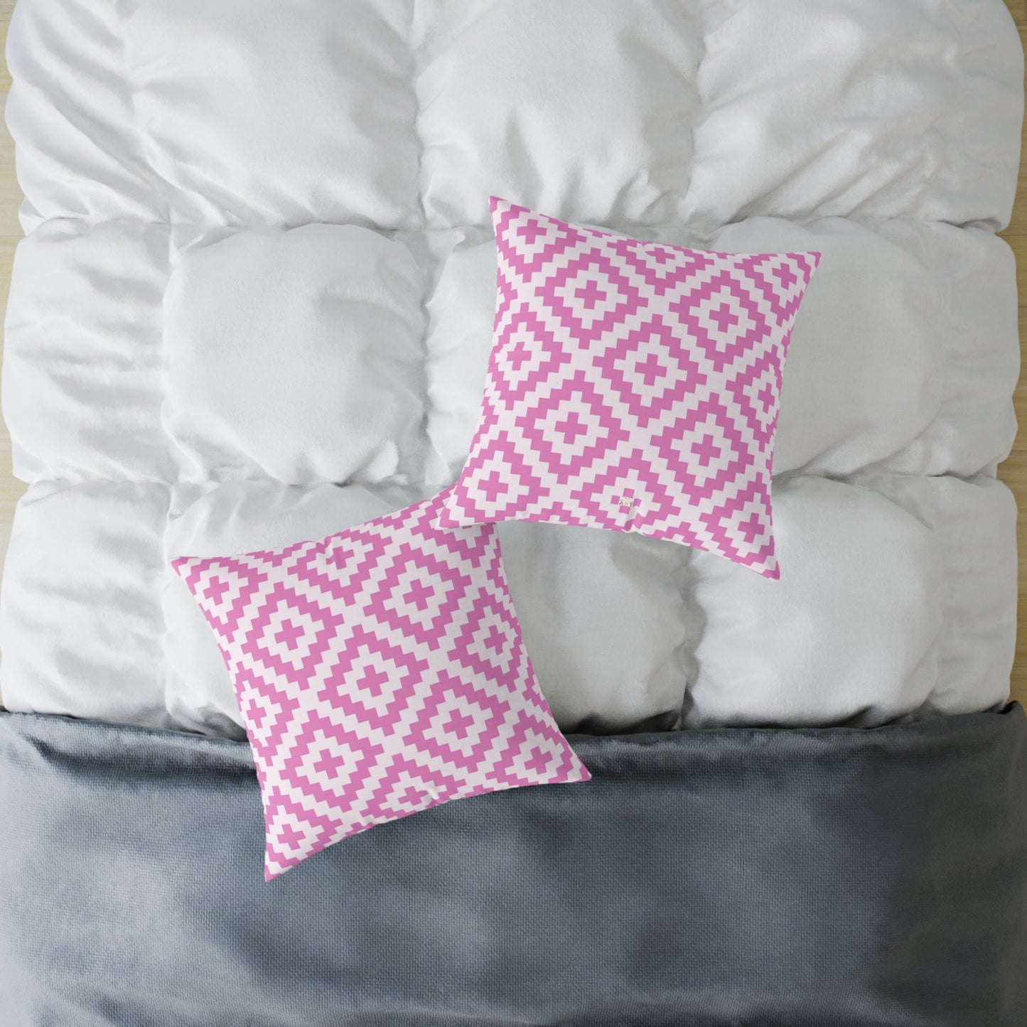 Pink White Geometric Boho Native American Diamond Pattern Pillow | Square Accent Cushion