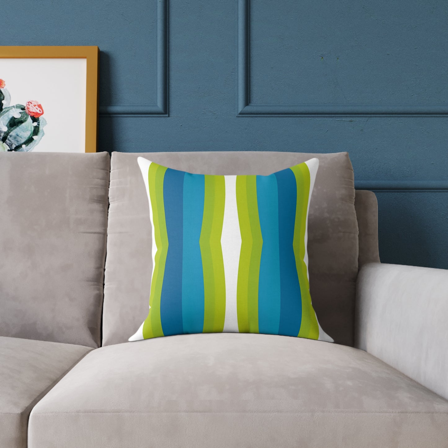 Blue Green Striped Wave Square Poly Canvas Pillow | Modern Geometric Throw Pillow