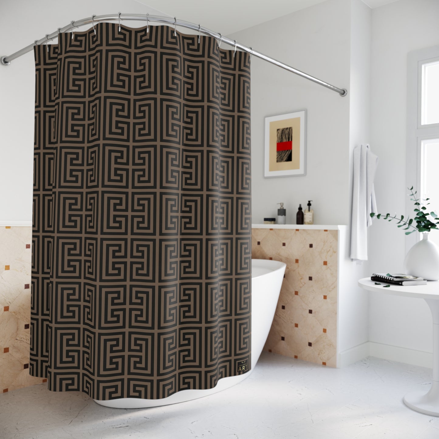 Geometric Greek Key Shower Curtain | Brown Black Maze Pattern, Classy Bathroom Accesory