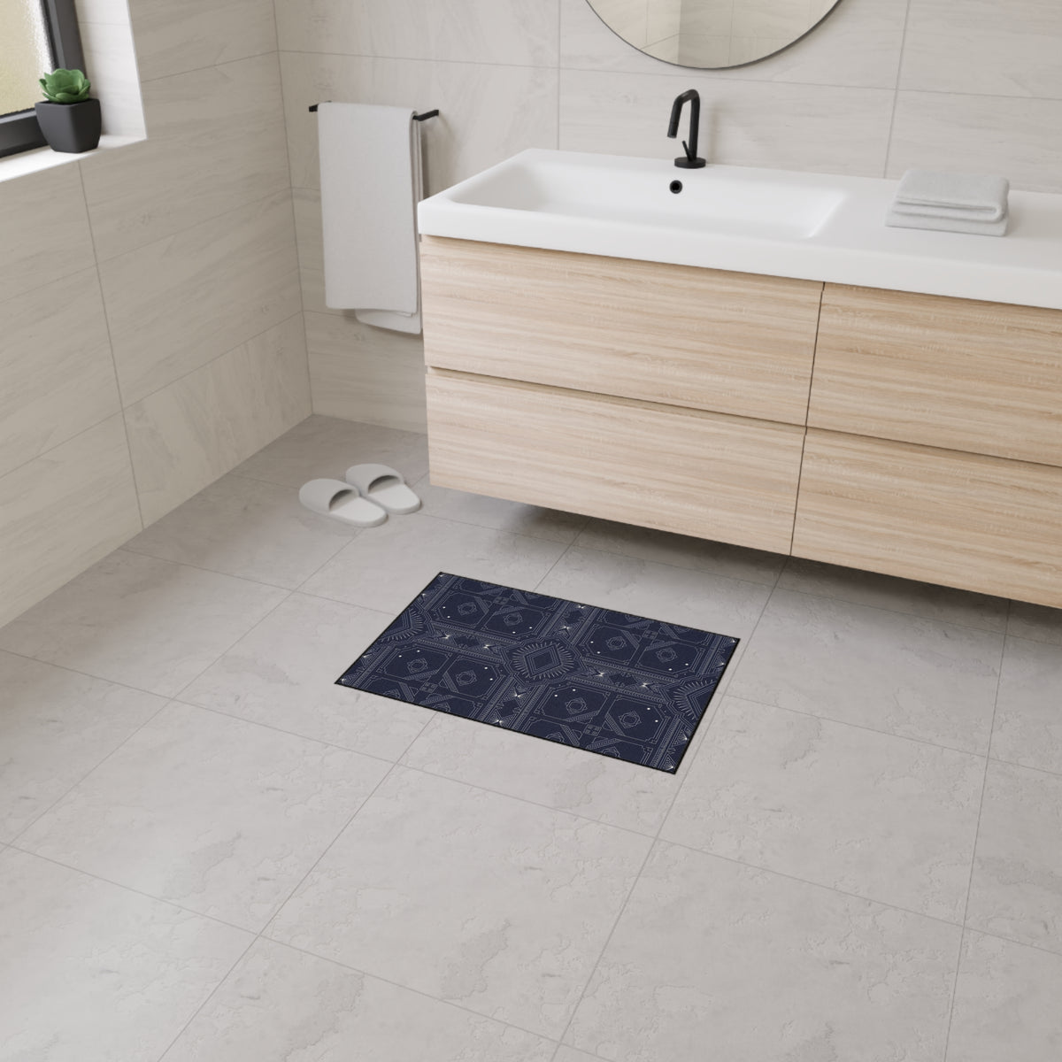 Navy White Geometric Indoor/Outdoor Floor Mat — Durable Non-Slip Rug