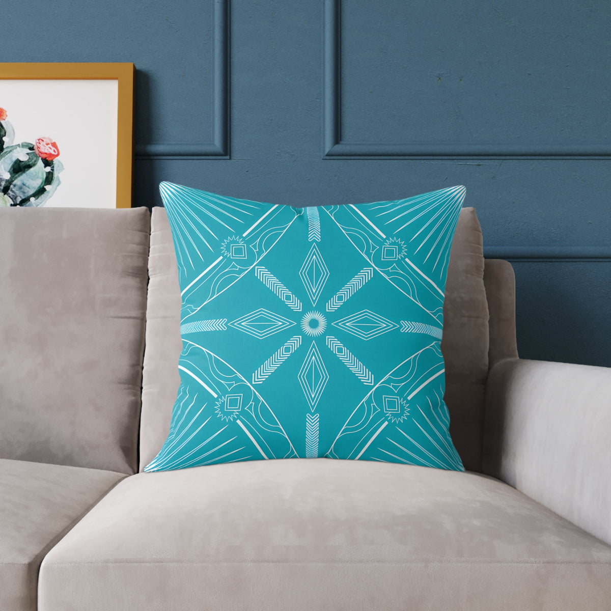Turquoise White Geometric Mandala Square Pillow | Turquoise Decorative Cushion
