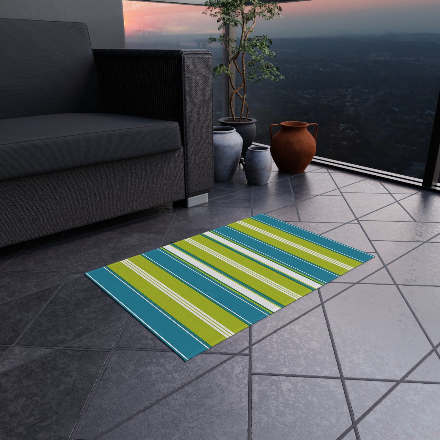 Blue Green White Stripe Outdoor/Indoor Rug | Patio Mat, Weather-Resistant
